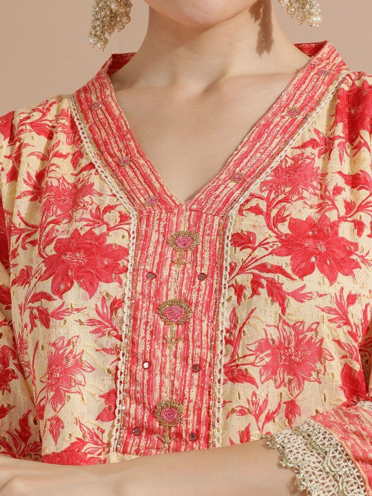Floral Printed Cotton Suit Set with Dupatta