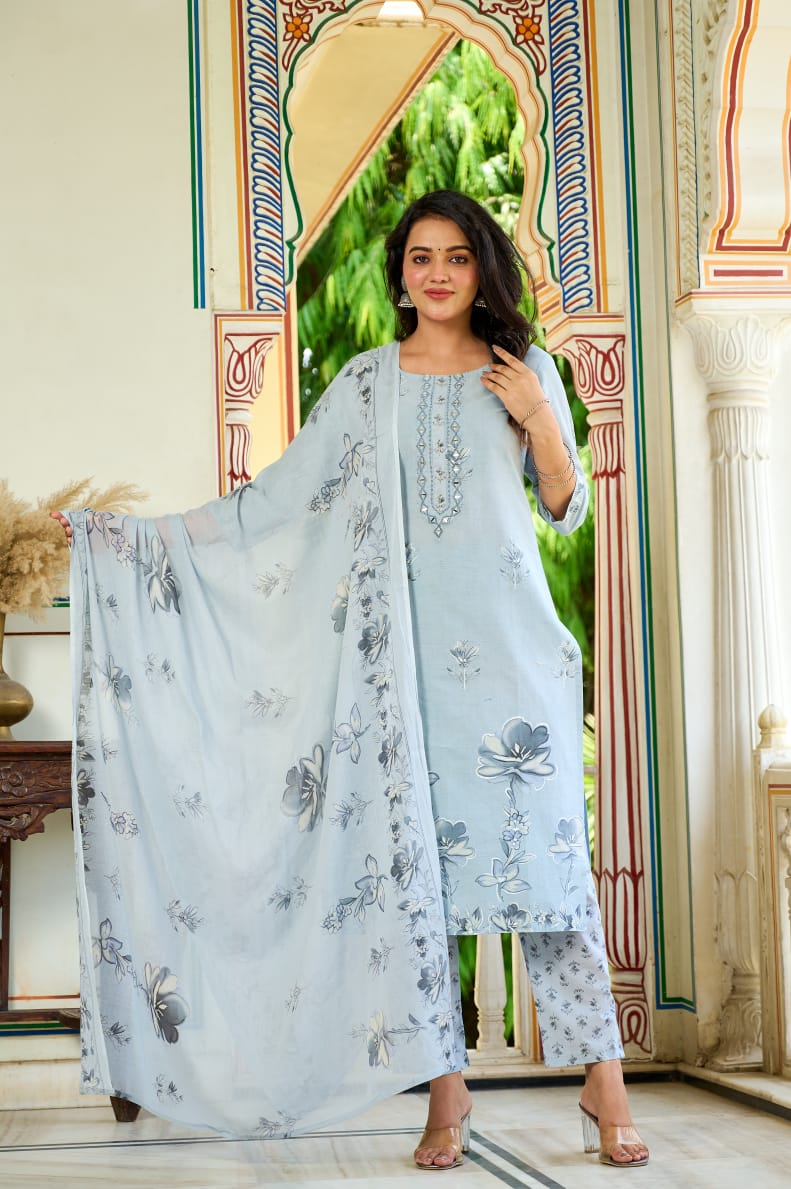 3pc Pure cotton Designer suit with Handwork embroidery & floral print
