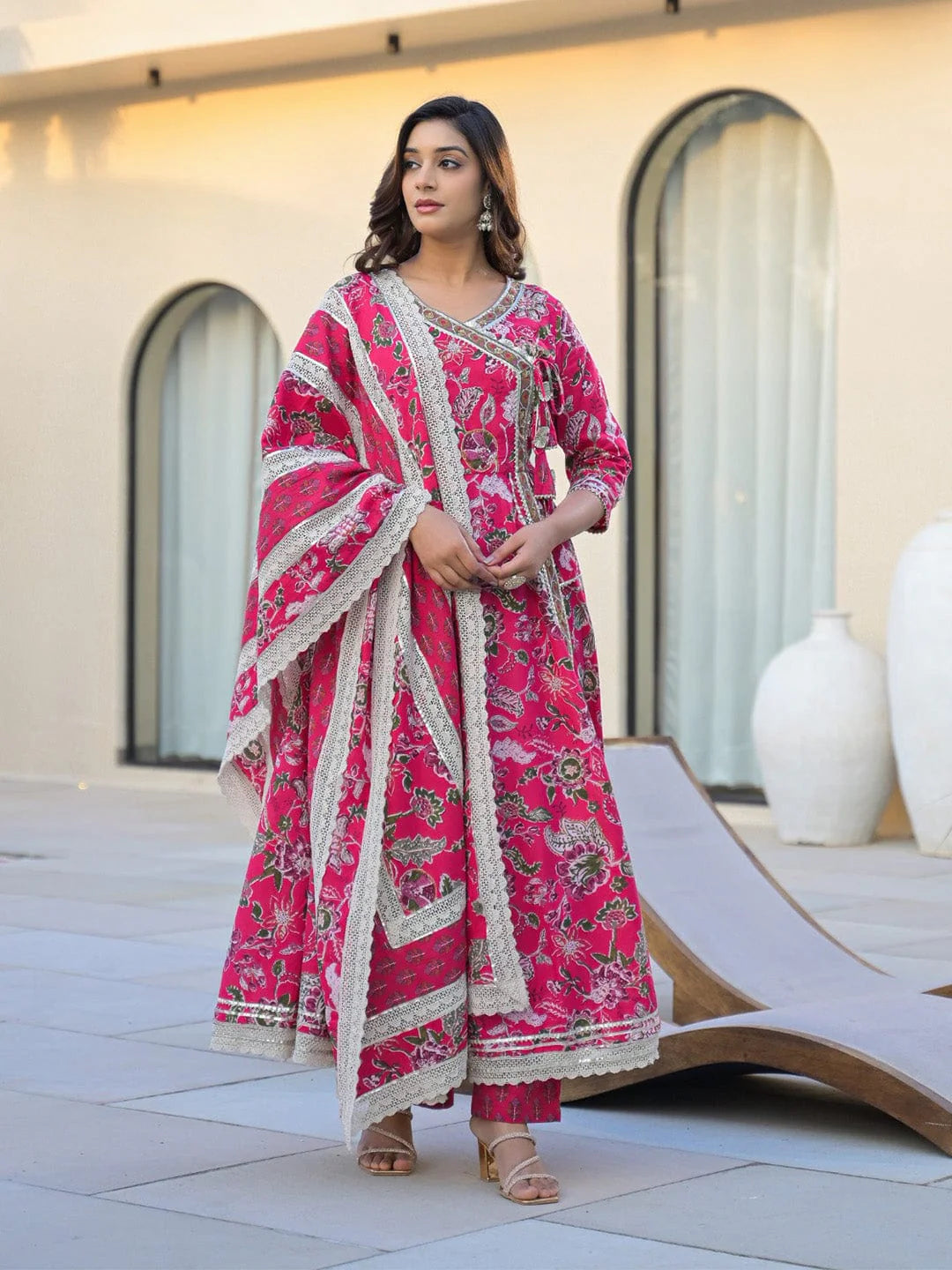 Pure cotton Partywear Anarkali suit with Lace work & floral print